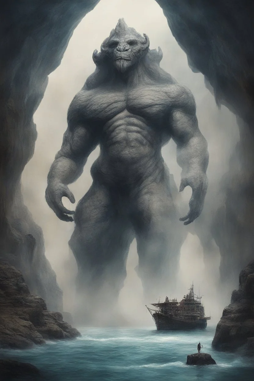 A giant creature lifting a big ship over head with his arms , a Smokey texture standing in a water in front of a mythical cave in granite volcanic mountain . Busch painting style