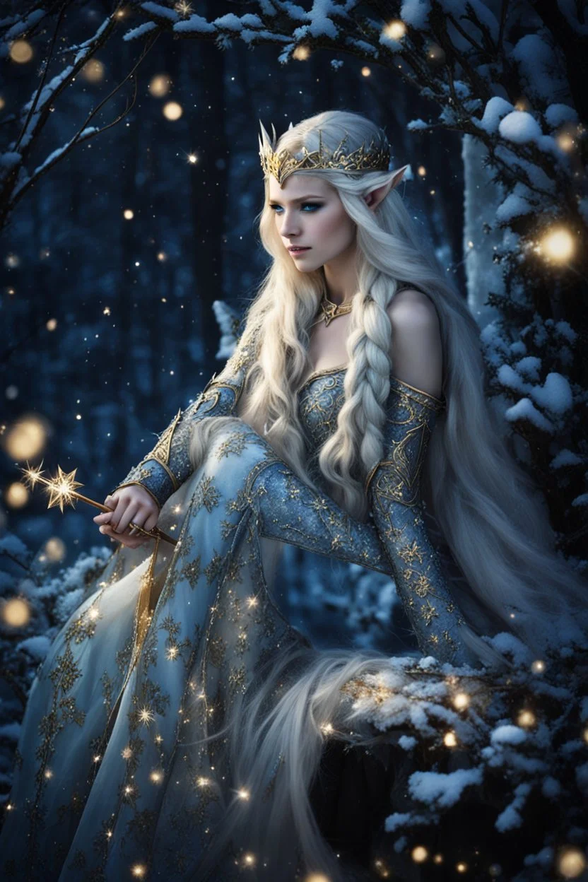 Elven princess,elven crown,long blonde golden hair,rapunzel hair,ice flowers,beautiful,light blue,dark blue,golden armor,sparkle,glitter,ice flowers,snow,elven ears,dark fairy princess