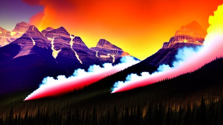 background=(mountains, alberta, forest fires, burning), time=(sunset), style=(vaporwave), effect=(smoke, plumes)