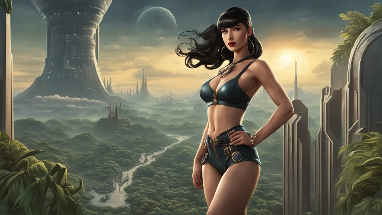 Photorealistic, full Body Photo Of A slim Exotic Sci-Fi Pin-Up Girl, With dark Hair and Bangs, on an alien jungle Planet With Cloud Trees, Tall Spires, Buildings, Bridges, Arches, a stormy skyline, with lightning