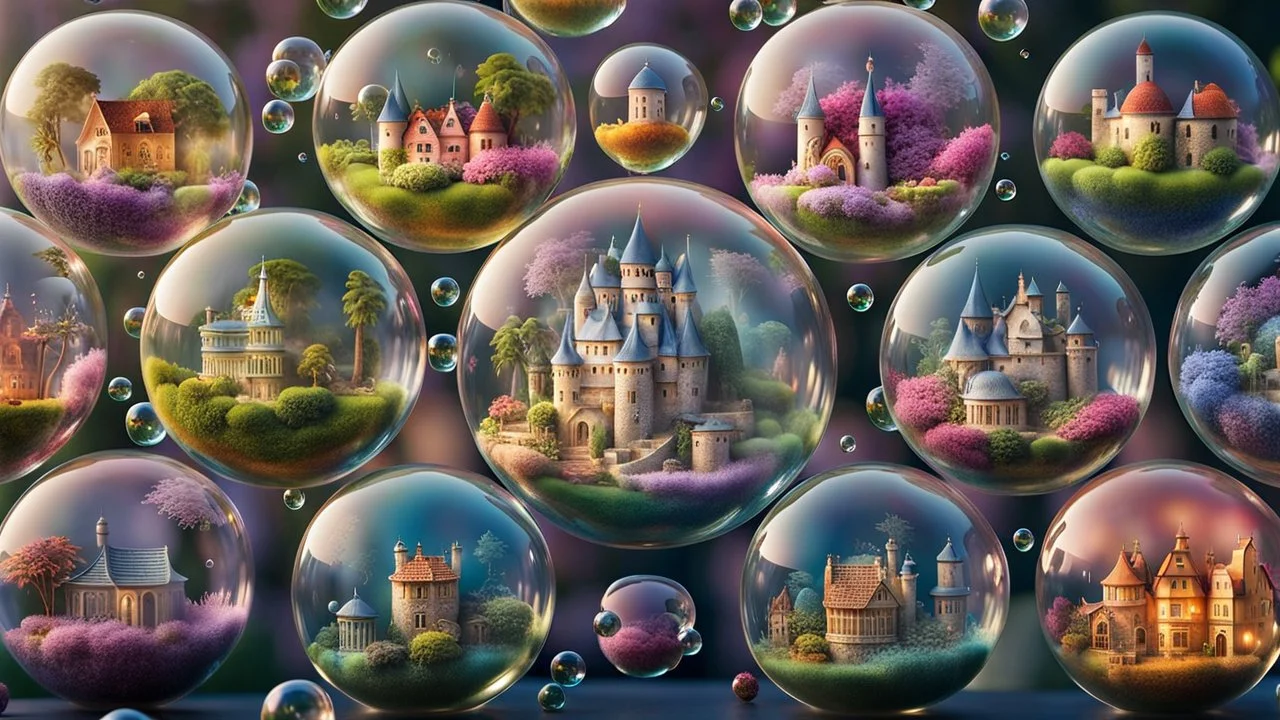 A stunning 3D render of miniature worlds, captured in floating transparent bubbles. Each bubble showcases a unique scene, such as quaint villages, mystic, gardens, tropical island, enchanting castles, alien palnet, or whimsical fairy-tale landscapes. The miniature towns with featuring quaint houses, markets, and charming residents. In the gardens colorful delicate flowers and lush greenery. The castles are majestic and grand, with towers, big gates. Unusual and captivating plants coexist with ma