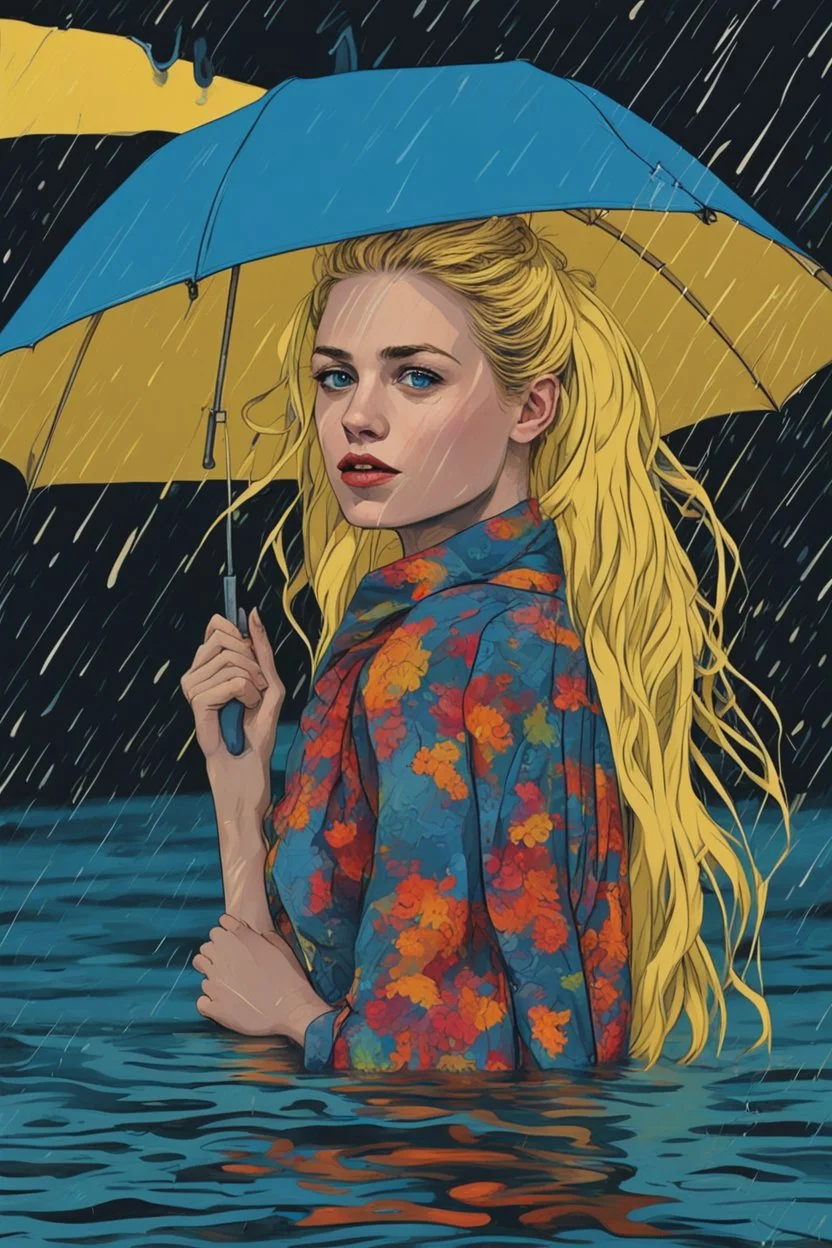 Pop-art style. 23-year-old woman with blonde hair and bright blue eyes stands in the sea, se has a bun.. She holds an umbrella, but it offers no protection from the pouring rain. The rain pours straight through the umbrella,it is leaking and makes staines. The rain under the umbrella is heavy paint petrol blue, the rain transforms through the umbrella. She is painted blue because of the blue rain drops. The rain is pouring heavily. She is standing in the middle of the sea. the raindrops are pain