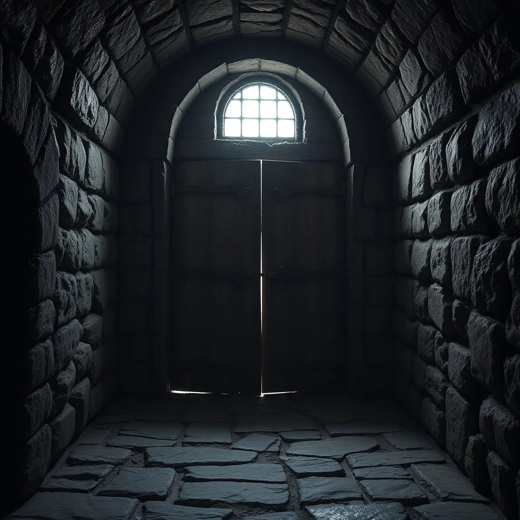 Inside of a dungeon with stone floor and a heavy wooden door. the only light comes from a small barred window high on the wall. Dark gothic fantasy. photorealistic. 4k