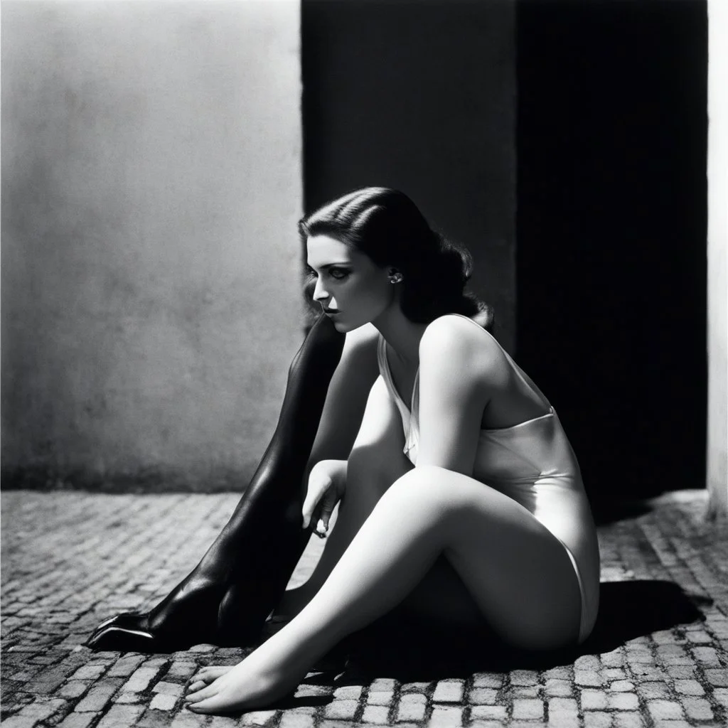 [art by helmut newton] In humble submission, she kneels, a canvas of desire, Offering her back to the whisper of anticipation's fire. On hands and knees, she waits, a portrait of allure, Her essence bared, ready for the touch so pure. In the tender twilight, she bows, a vision of grace, Awaiting the sweet sting of passion's embrace