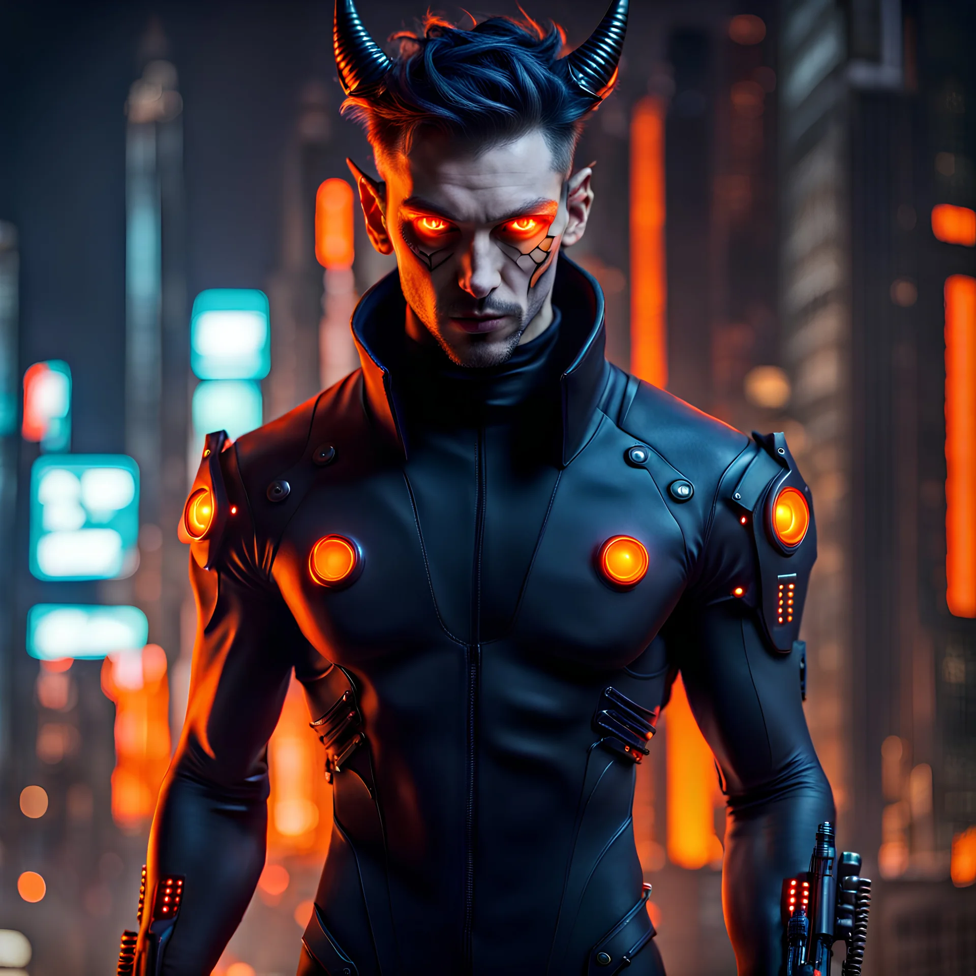 male half-demon cyberpunk spy with orange eyes, wearing a spandex bodysuit