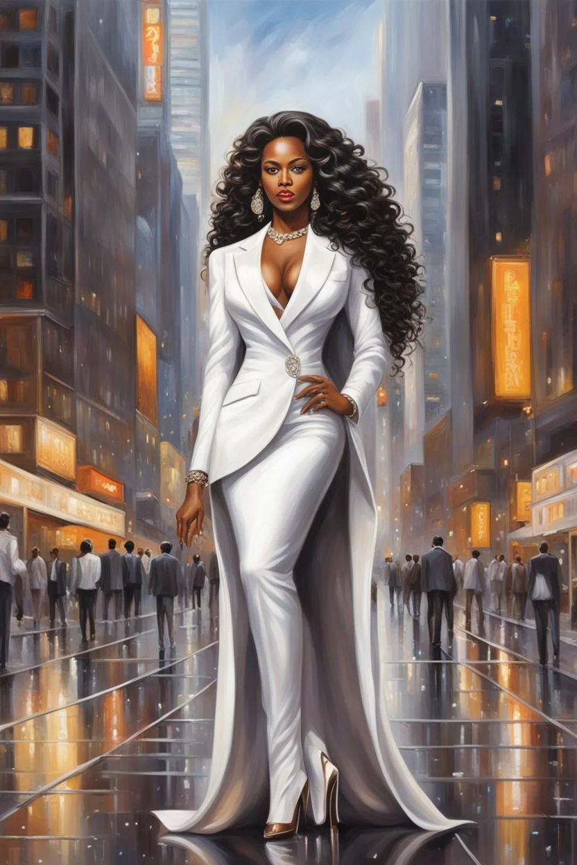 Create a oil painting image of a curvy African American female wearing a white business suit with white heels. Prominent make up with hazel eyes. Highly detailed very long extremely curly black hair. She is wearing silver and diamond Jewely that shines of the lights. Her skin is smooth and silky. Background of a busy city street