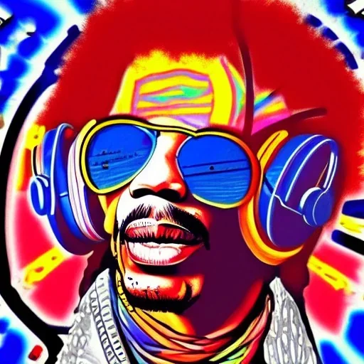 a realistic picture of Jimi Hendrix at a turntable with headphones on being a DJ, vivid color, with sunglasses, psychedelic trippy art, with UFOs in the background