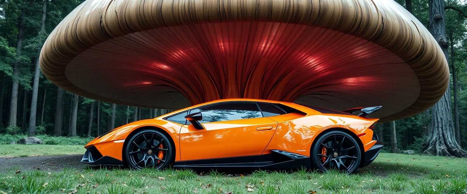 lamborghini but its higher or broader higher up and has just been parked under a giant transparent wooden mushroom