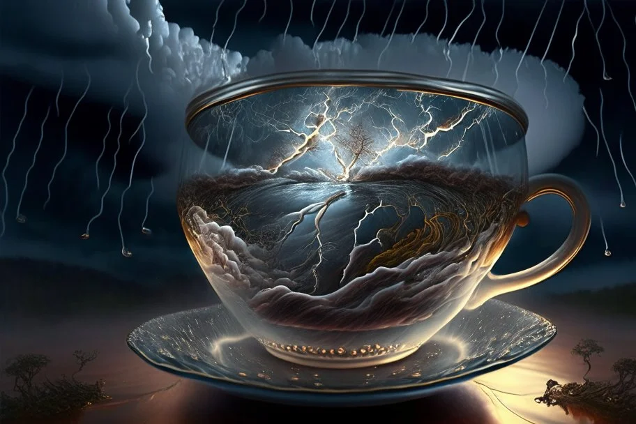 Lightning Storm in a glass tea cup, photorealistic, Dramatic Lighting. Lightning shooting both inside and out of the cup. Otherworldly atmosphere, intricate details, highly detailed, Artgerm elegant extremely detailed fantasy 8k masterpiece fantastic view crisp quality Jacek Yerka Alexander Jansson Kevin Sloan,