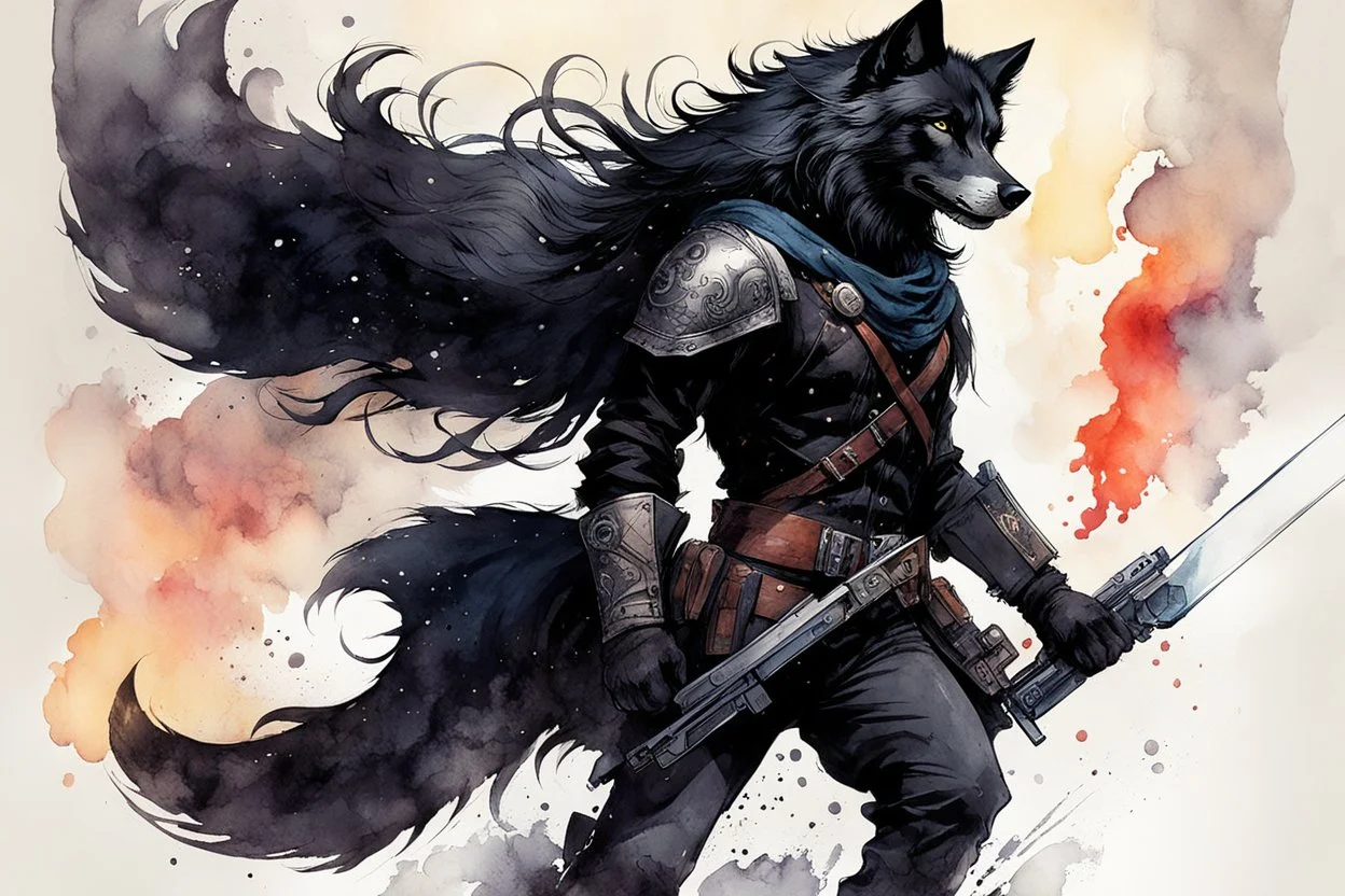 ink wash and watercolor full body concept illustration of an anthropomorphic, adventurous Black Wolf, mercenary soldier girl character with wildly flowing hair, ornately dressed with highly detailed feathers and facial features in the comic book style of Bill Sienkiewicz and Jean Giraud Moebius, with a fine art aesthetic, highly detailed , boldly inked, 4k UHD cinegraphic quality