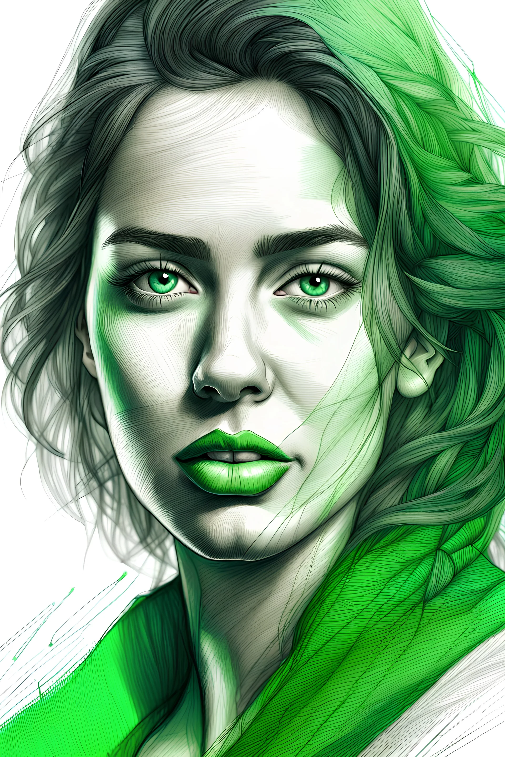 A casual female portrait with green pencil scribbles, 8K resolution, high quality, ultra graphics, and detailed with lines.