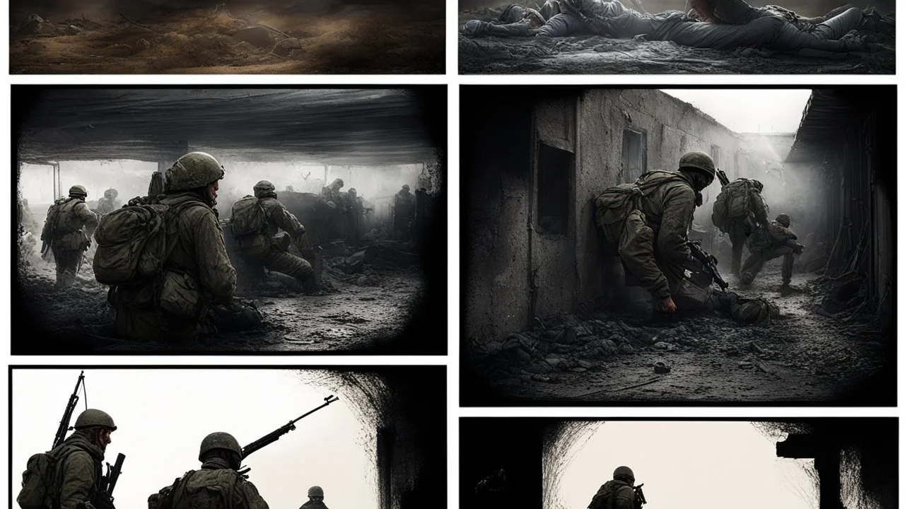 Masterpiece1:5)(Fineart), (award-winning:1.5), highest quality, (ultra realism:1.5) war journalism(,(by Tim Page and Hoorst Faas:1.5)),(Eastern Ukraine:(panel one:the moment after a battle ends, horrors of war, wounded men),(2nd panel, cinematic shot of men sitting in trench with 1000 yard stare (focus on their eyes:1.5)),(the third panel shows troops tired but hyper alert), (the fourth panel shows the sky is filled with incessant, fire and smoke everywhere,)