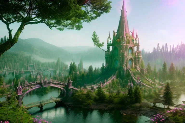 Magical fantasy elven city tower forest rivendell tree flower pink green yellow beautiful nature river 4k full hd