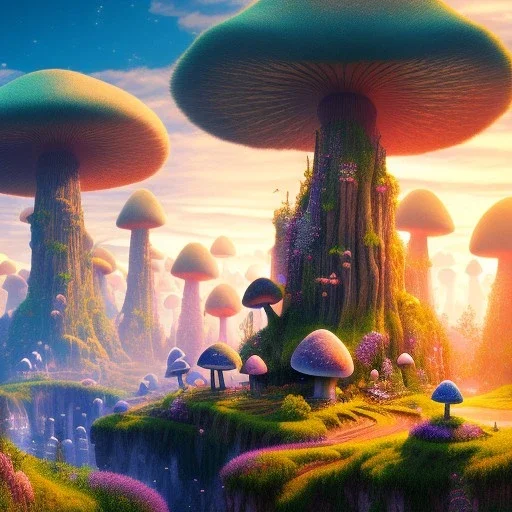 landscape 8k ultra realistic, beautiful, dwarfs in hippie clothes, trippy shiny underground mushroom city, in a pastel style, willow, cave