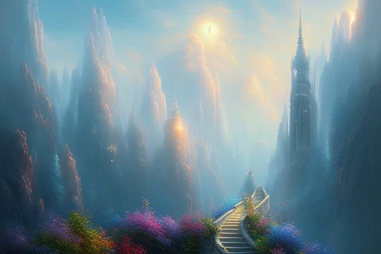 Impressionism , mystical long stairway up to heaven in the sky, atmospheric mist, beautiful colours, fine art, trending on artstation, masterpiece