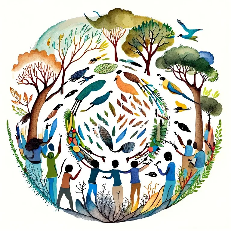 Generate an illustration of a diverse group of hands coming together in a circle, each hand holding a different art tool such as paintbrushes, pencils, and markers. Surround the hands with symbols of nature, like trees, birds, and mountains, representing the collective effort to protect the environment and promote creativity in a supportive community.