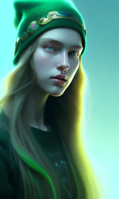 girl, cute, beautiful, long hair, wavy hair, green hair, blue eyes, green beanie, green coat, black tee shirt, head and shoulders portrait, 8k resolution concept art portrait by Greg Rutkowski, Artgerm, WLOP, Alphonse Mucha dynamic lighting hyperdetailed intricately detailed