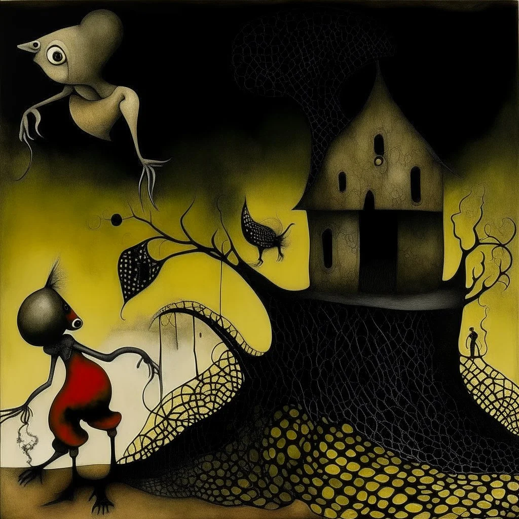 Cirrhosis grotesque overdose, abstract surrealism, by Phlegm and Dave McKean and Joan miro, silkscreened mind-bending illustration; warm colors, off-centered fragmented composition, stages of dark shines overdose of grotesque, Expressionism