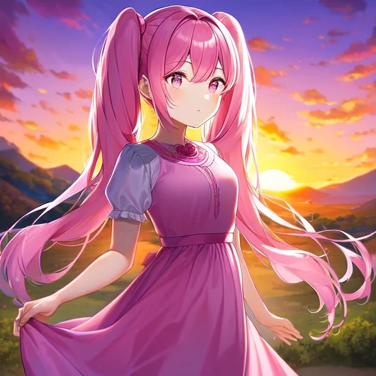 girl, masterpiece, best quality, cinematic lighting, detailed outfit, perfect eyes, long hair, pink hair, twin tail, pink eyes, vibrant colors, pink outfit, landscape, sunset, pink sky,