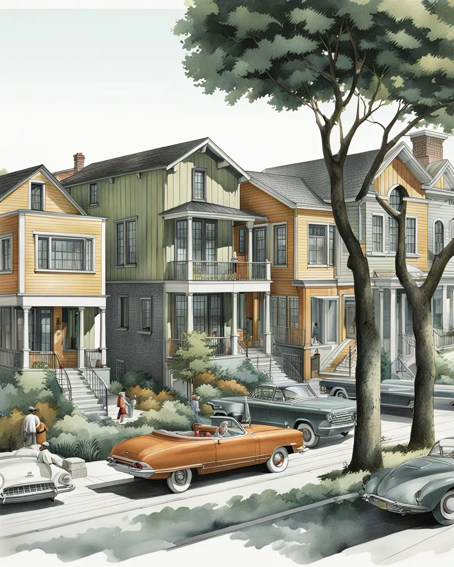 Architectural drawing of an urbanization of two-story houses, streets, trees, people and cars