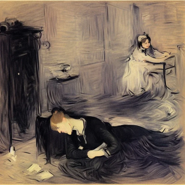 depressed woman typing at a smartphone laying on the floor of a dark bedroom, by berthe morisot