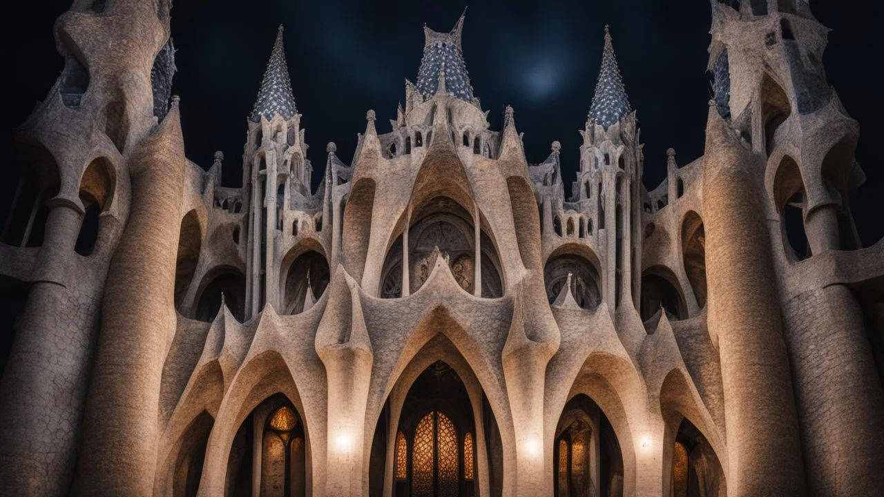 Style Antoni Gaudi, night, darkness, relaxation, luxury, dream world, calm beauty, symmetry, fantasy world, magic, beautiful composition, exquisite detail, 135mm lens