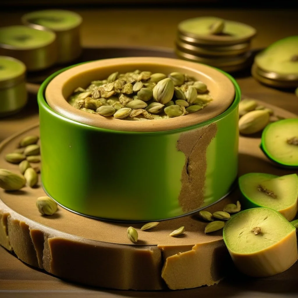 A round box of halva, surrounded by pieces of pistachios