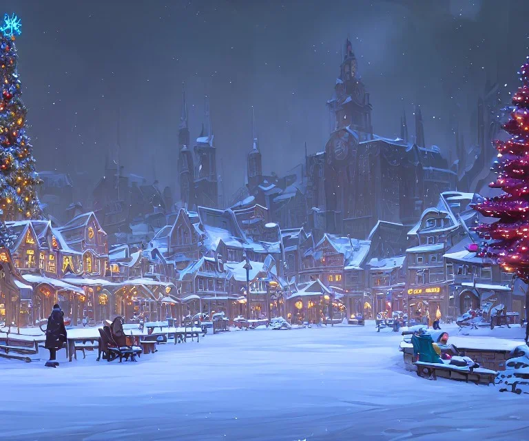 A magical snowy town square with river canals and a Christmas tree