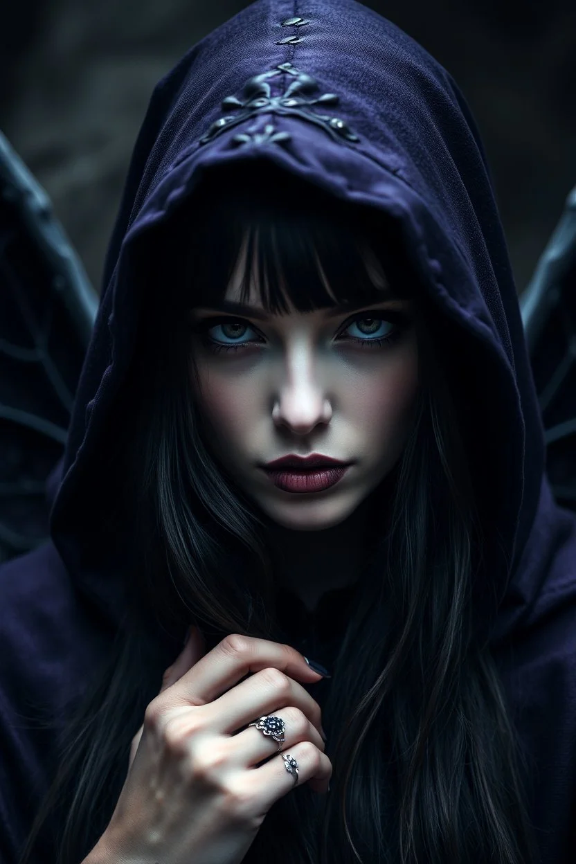 portrait a dark fairy with a pale face, long dark hair lookin at the camrea, in a dark purple shiny black hooded cloak, suggestive deep dark gaze, dark lips, impressive, perfect, cold beauty with dark wings, dark, sad, gothic mood, atmospheric, smoke, high detalied, high realistic, photorealistic