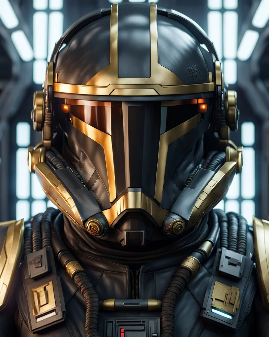 star wars bald male corellian pilot wearing dark gunmetal grey and black First Order special forces TIE pilot armored flightsuit and helmet with gold trim inside the jedi temple, centered head and shoulders portrait, hyperdetailed, dynamic lighting, hyperdetailed background, 8k resolution, volumetric lighting, light skin, fully symmetric details