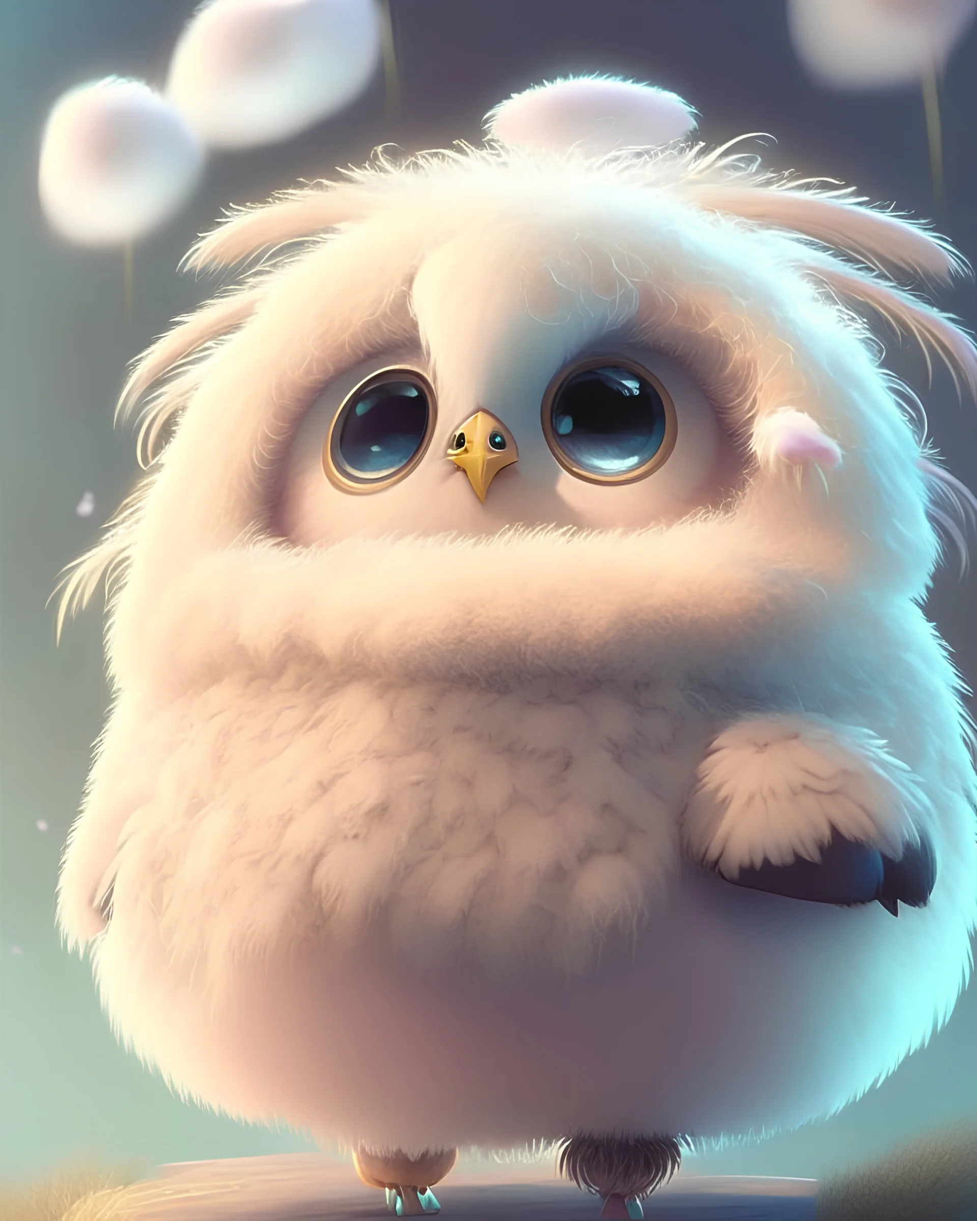 CUTE AND ADORABLE CARTOON FLUFFY RHEA FACING THE CAMERA, FANTASY, DREAMLIKE, SURREALISM, SUPER CUTE, TRENDING ON ARTSTATION