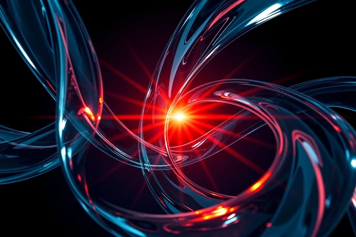 A mesmerizing abstract composition of interlocking glass and chrome ribbons swirling together. A fiery core of orange and red light pulses at the center, creating sharp highlights on the polished surfaces. The background transitions into deep navy shadows, emphasizing the high-contrast lighting. Fluid textures and a high-tech, futuristic mood.