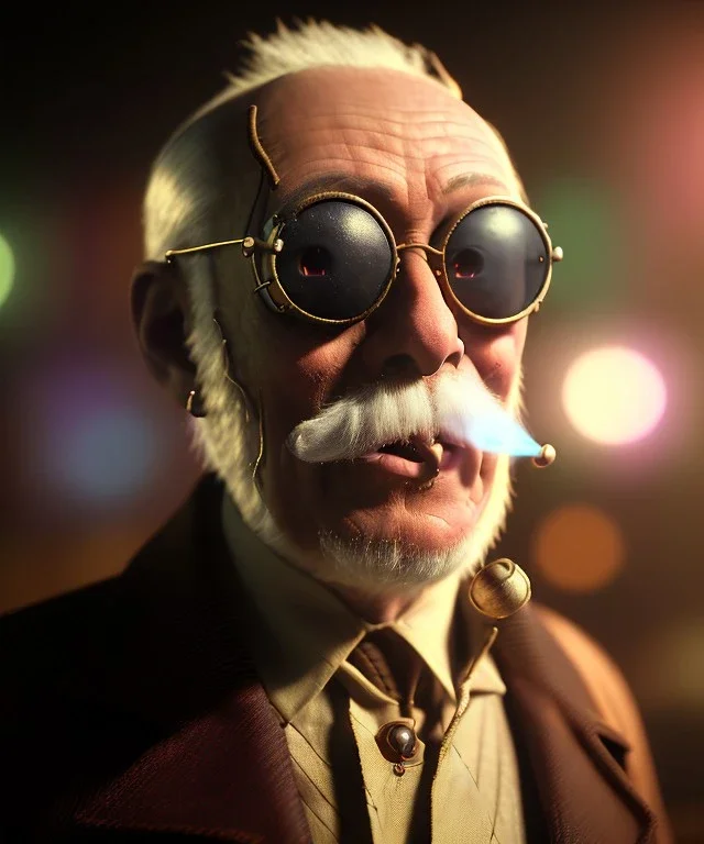 Portrait cabaret scene, steampunk. old man and little monkey, Sunglasses, smoking, happy, hot. Many people background, highly detailed, concept art, unreal engine 5, god rays, ray tracing, RTX, lumen lighting, ultra detail, volumetric lighting, 3d, finely drawn, high definition, high resolution.