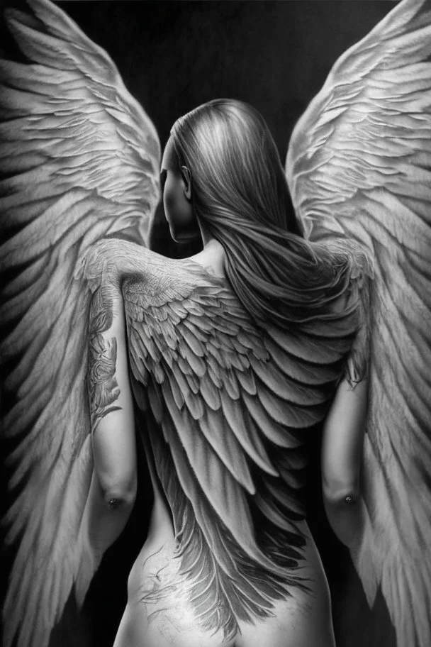 full body woman angel from back wings coming from her back, angel wearing long tunic ultra realistic tattoo