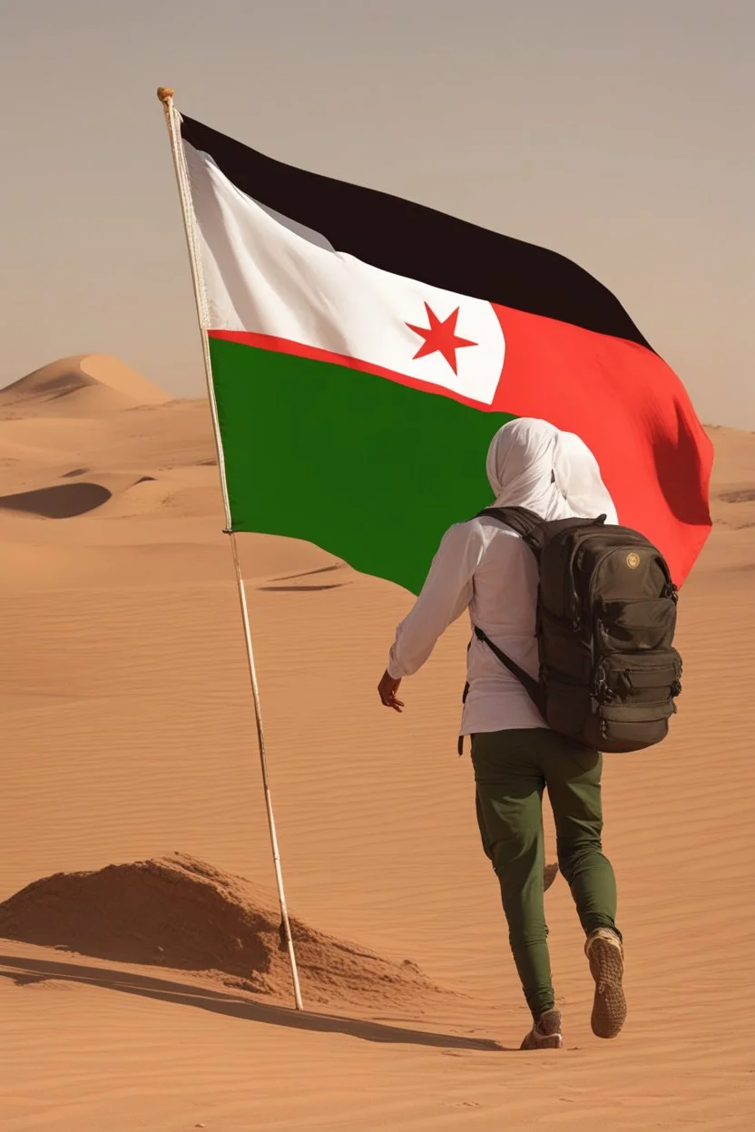 Al-Fanah in the middle of the African desert wearing an Algerian flag and a sophisticated backpack