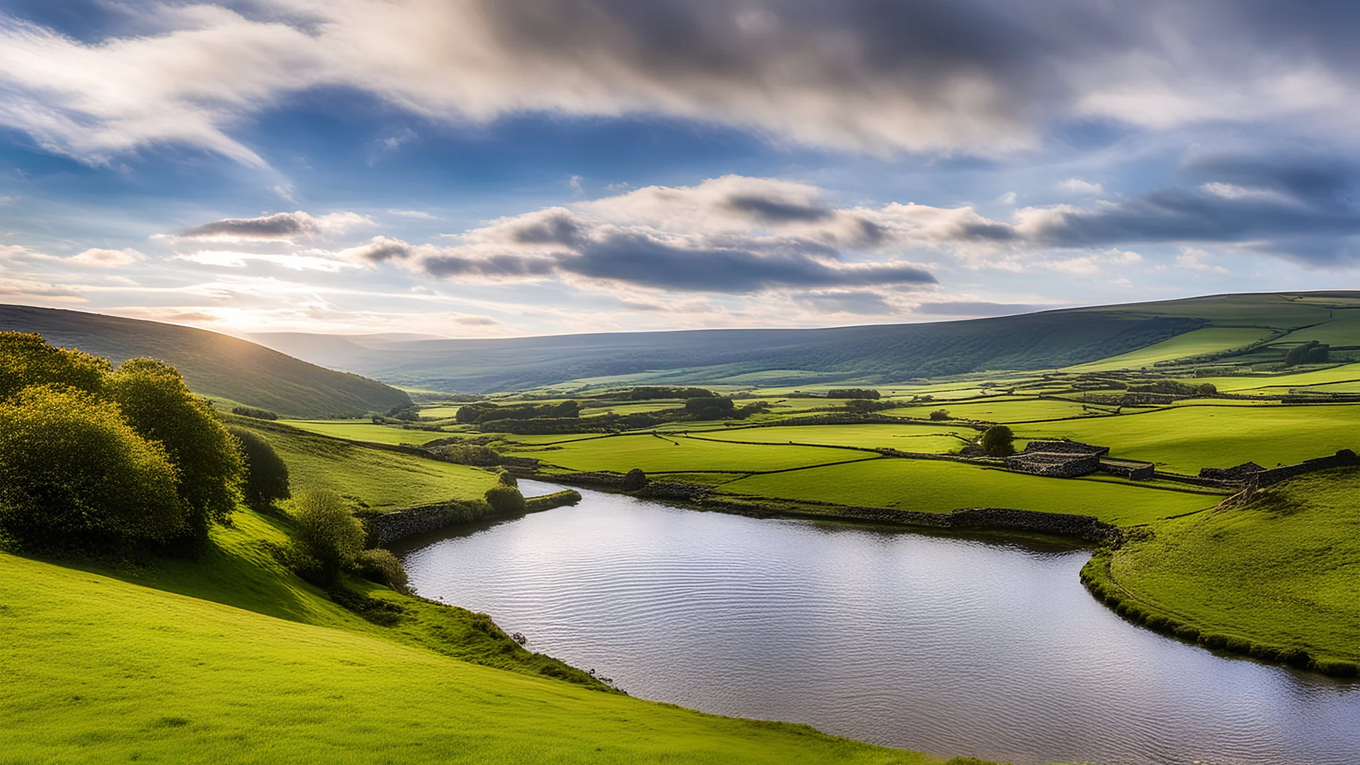 View in the Yorkshire Dales with beautiful clouds, late afternoon sunshine, stone walls, hills and valleys, river, calm, peaceful, tranquil