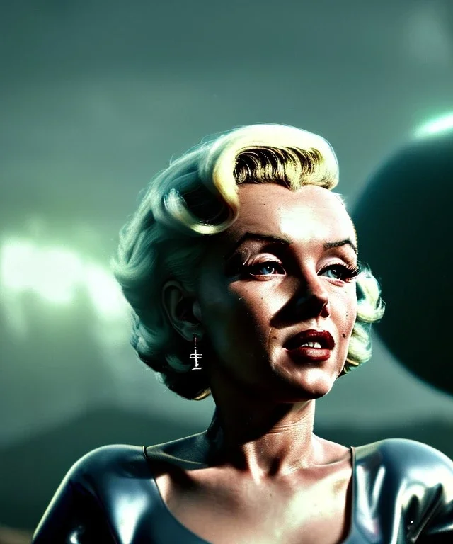 Ultra Realistic retro sci-fi 1960 scene, waist up view portrait, blonde woman, sweet young Marilyn Monroe face, perfect iris, tight latex coat, alien planet background, tight style, steel sphere dron levitating, fog, rain, soft color, highly detailed, unreal engine 5, ray tracing, RTX, lumen lighting, ultra detail, volumetric lighting, 3d, finely drawn, high definition, high resolution.