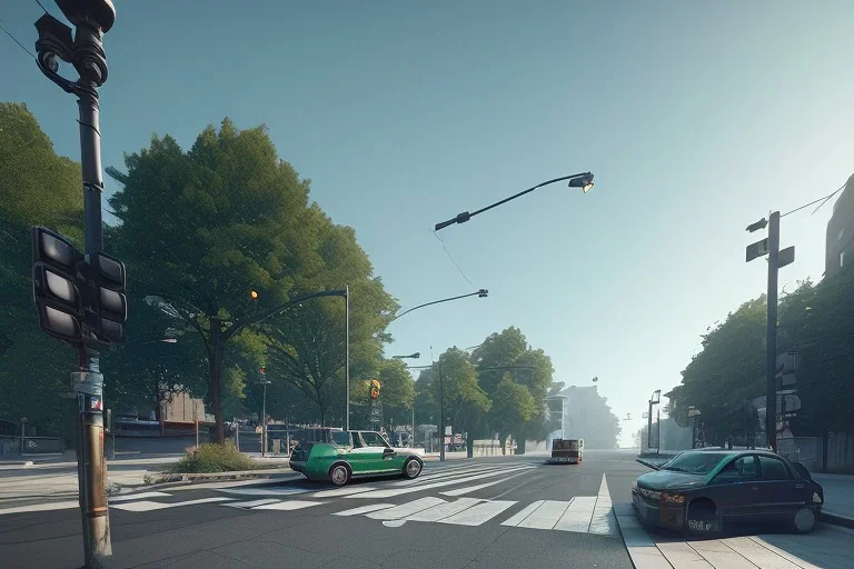  concrete barrier in street,street view,sidewalks cars parked on both sides of the street,unity engine, bloom,cinematic lighting,green tone, octane render.