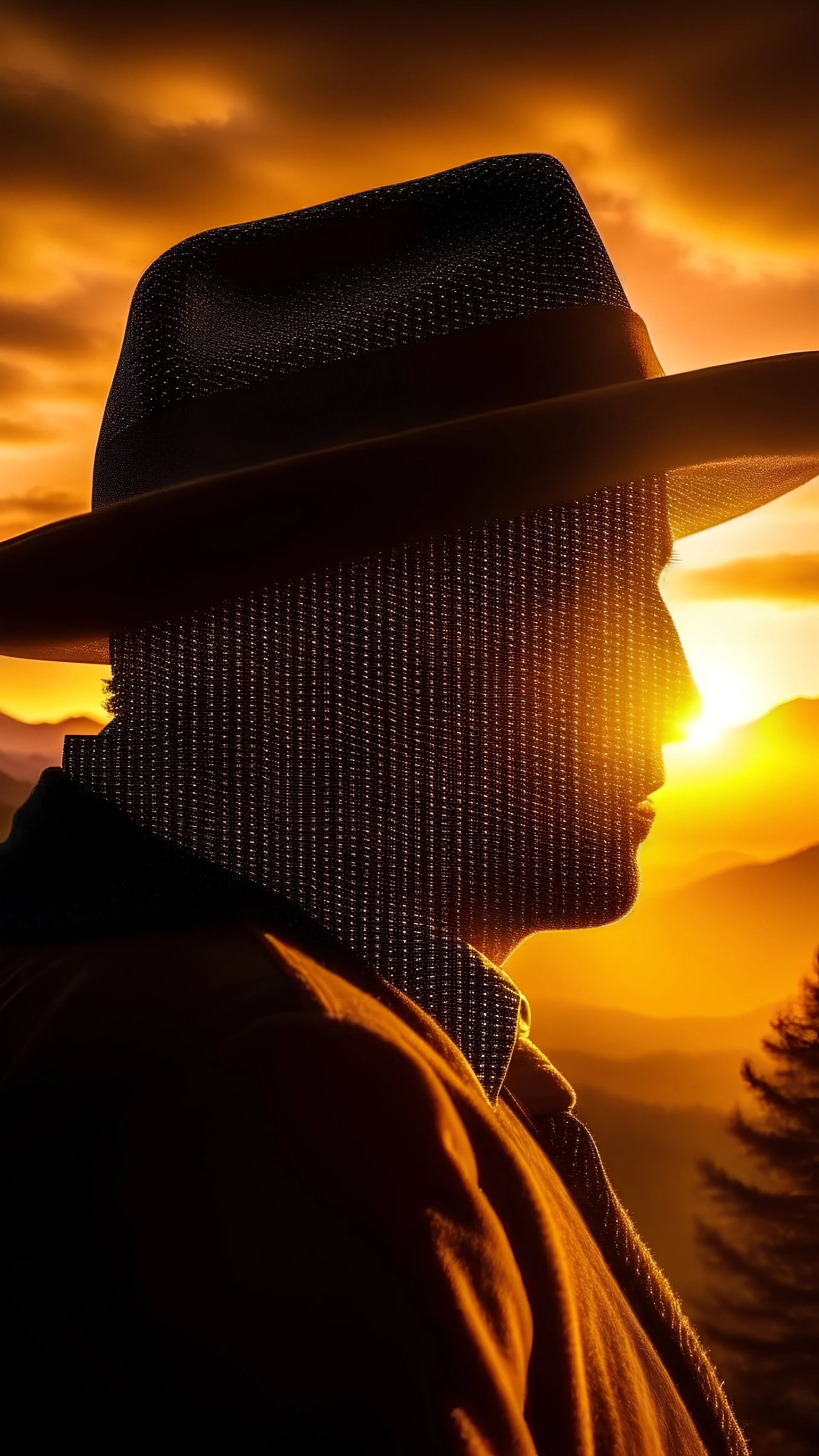 double exposure of a mafia boss with cowboy hat and sunset in mountains