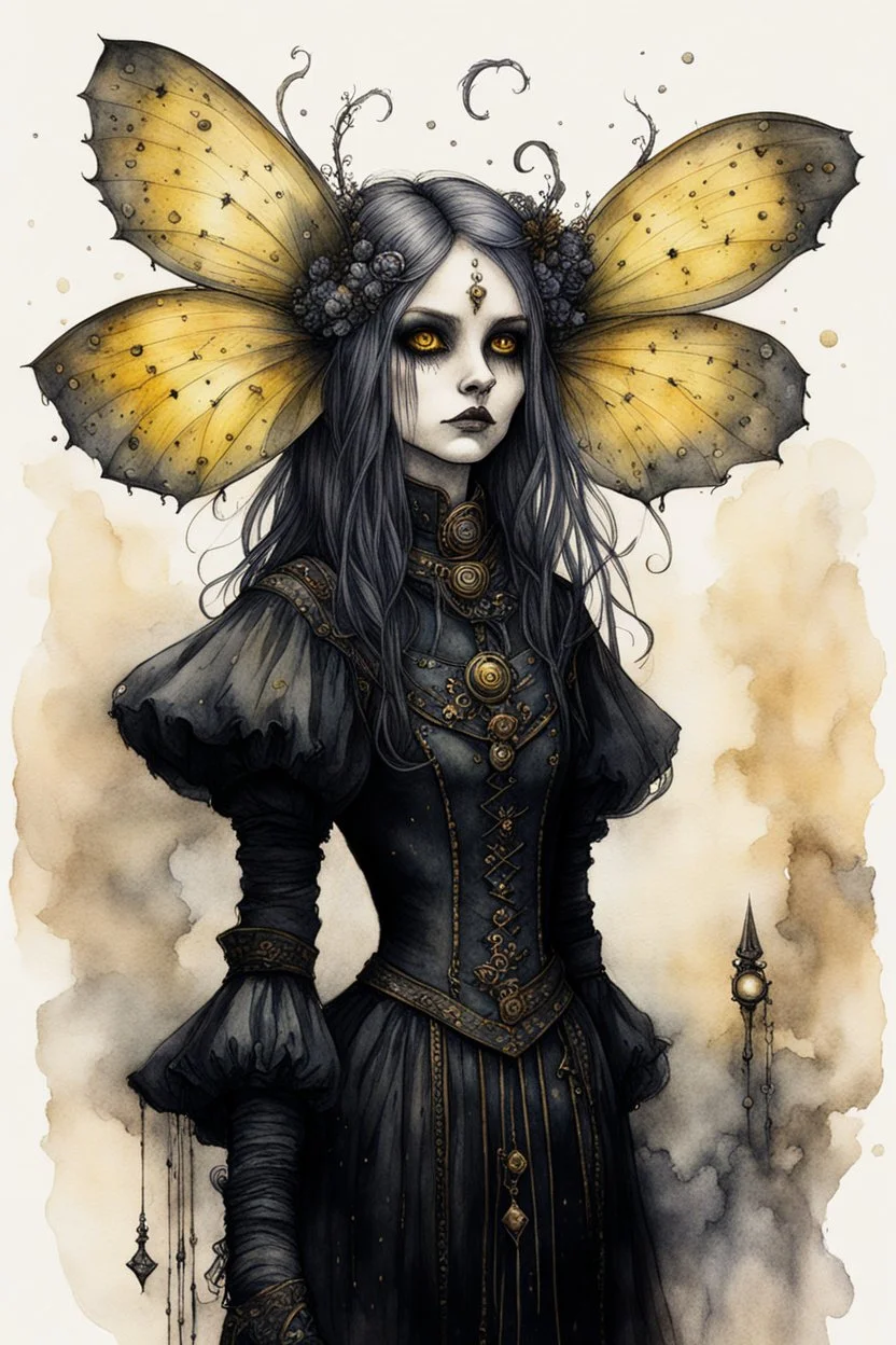 Jean-Baptiste Monge style 19th century hand drawn full body portrait dark gothic fantasy illustration of a walking hybrid Comet moth goth girl, with highly detailed facial features with large sad eyes, drawings, 8k, vibrant natural colors, otherworldly and fantastic, ink wash and watercolor