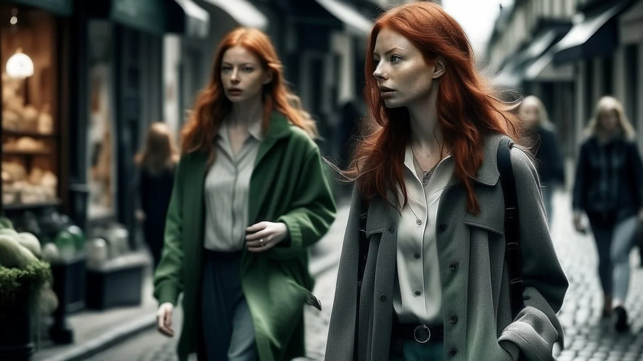 shoulder-length red-haired woman with a ghostly young woman following her, walking along a street full of shops,