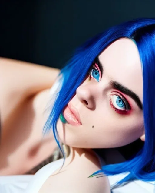 Billie Eilish, full body, on the bed, in my underwear, pale skin, high detail, realistic, 8k, not to be distinguished from a photo, identical pupils