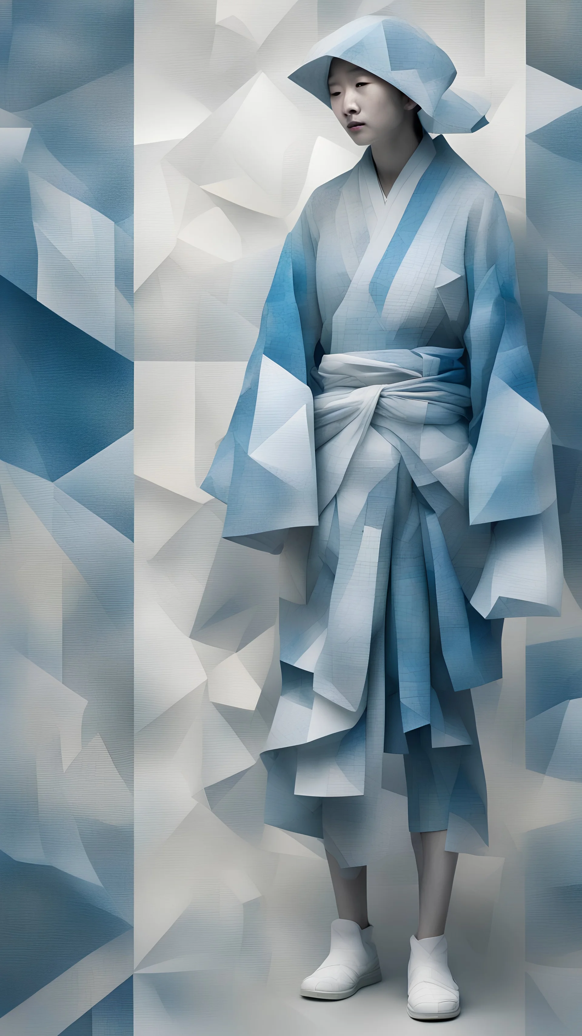 Multi-exposure 3D photographic image, Su Dongpo's drunken inscription poem, blue-gray ancient clothes, modern beautiful photographic art, polygonal clothes wrinkle pattern, white tips, background patchwork, colorful, gray, old blue-yellow, white clothes ghosting, superimposing, illusion of beautiful dreamy phantoms.