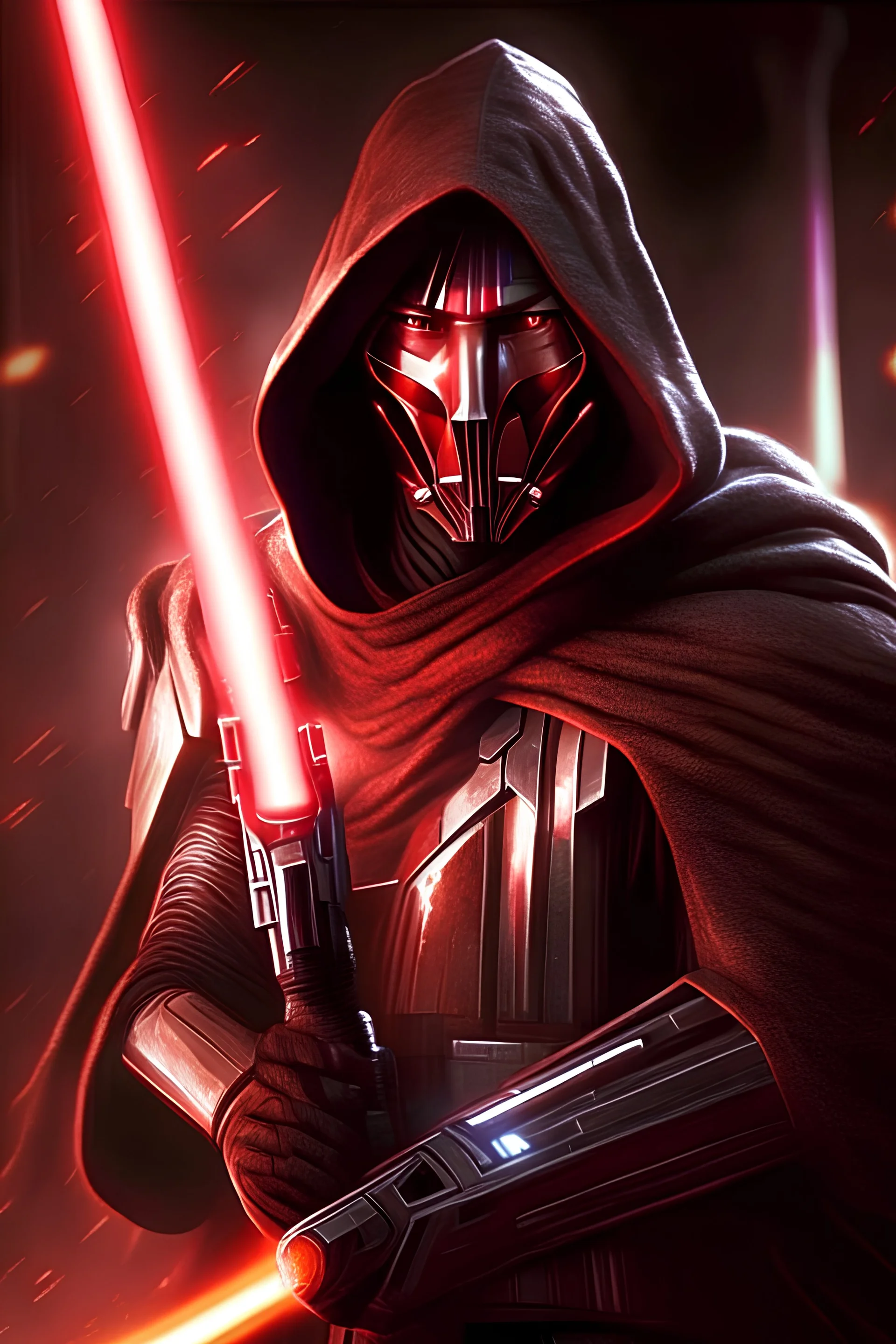 10k hyper realistic detailed Darth Revan holding duel lightsabers conquering the galaxy (star wars)