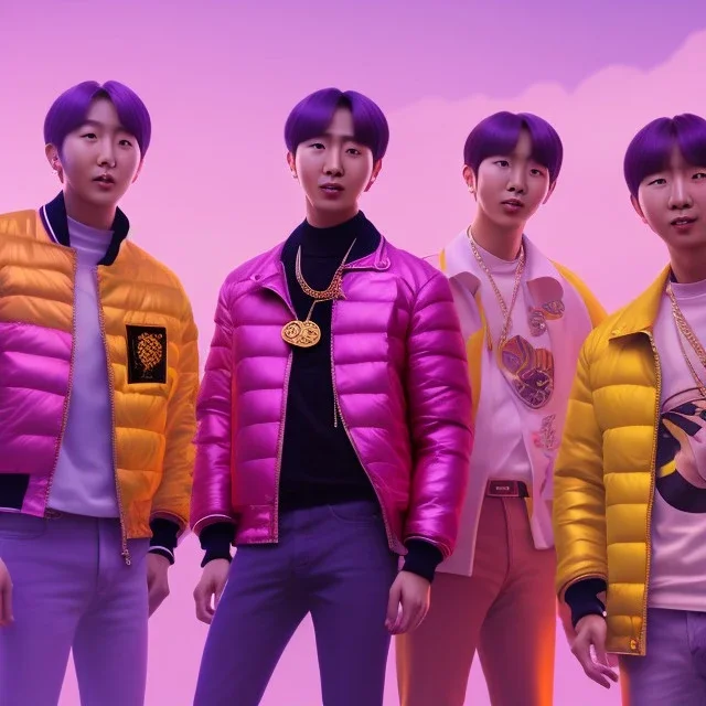 pixar style anamorphic Korean band BTS, smiling, gangsta gold neckless, full body, magenta puffer jacket, manila city backdrop, dramatic lighting, hyper-realistic, unreal engine 5, 16k. full detailed, bitcoin