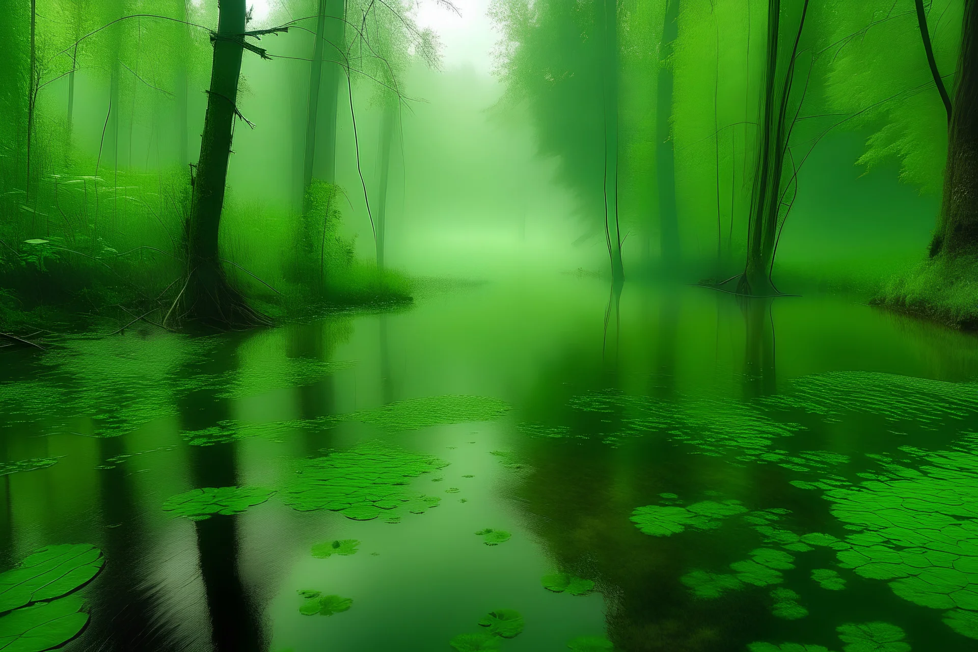 pond filled with green water in the middle of a wet forest with a light mist