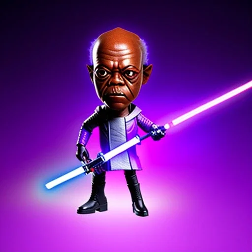 Hairless Samuel jackson purpleGlow jedi bobblehead gripping a Single (purple) lightsaber sword Handle and boots