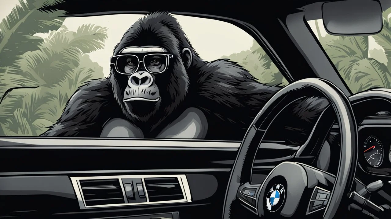 Gorilla wearing thick glasses driving a BMW. Illustration.