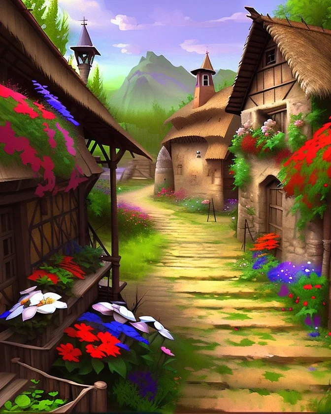 medieval fantasy village with flowers rpg art painterly