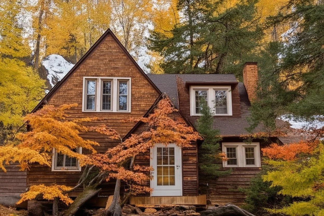 Cabin in the woods, autumn colors, lake with crystal clear water, mountains bokeh background, serenity.